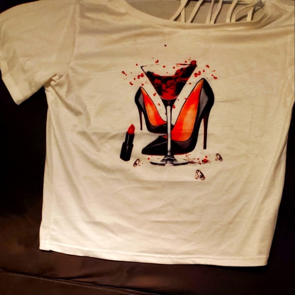 Cute fun T shirt, cold shoulder size Med